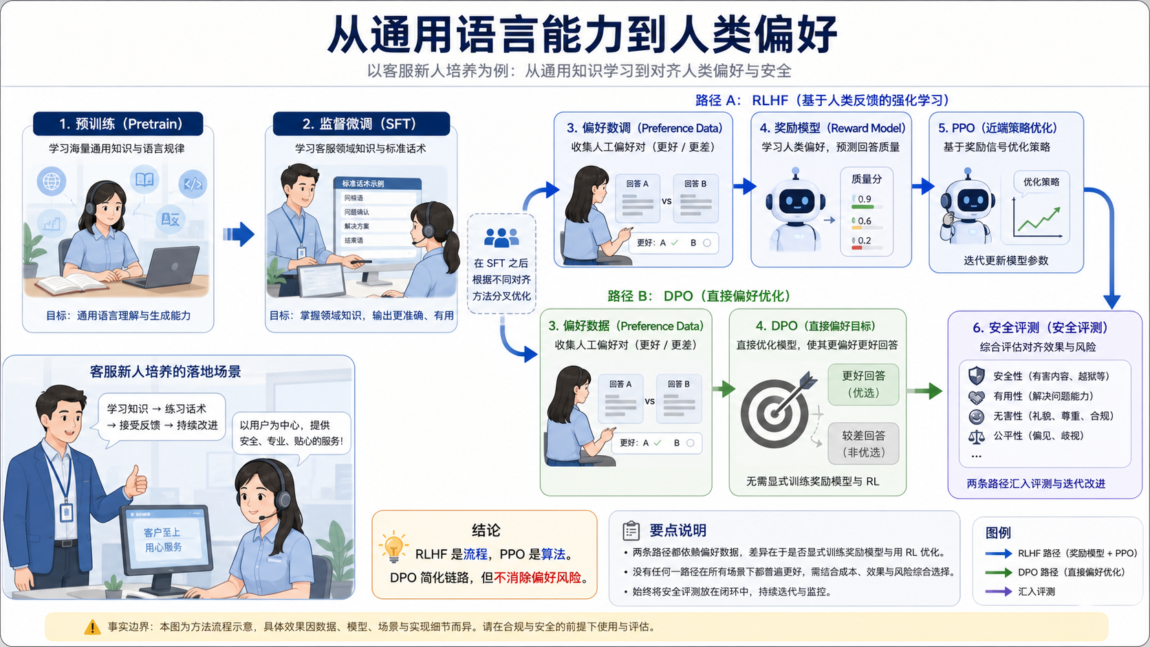 预训练、SFT、RLHF、PPO 和 DPO 有什么区别？教学图片